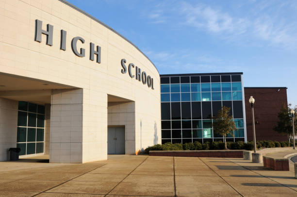 Modern high school entrance stock photo