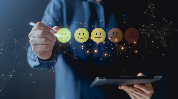 istock Businessman pressing smiley face emoticon on virtual touch screen. Customer service evaluation concept. 1824725901