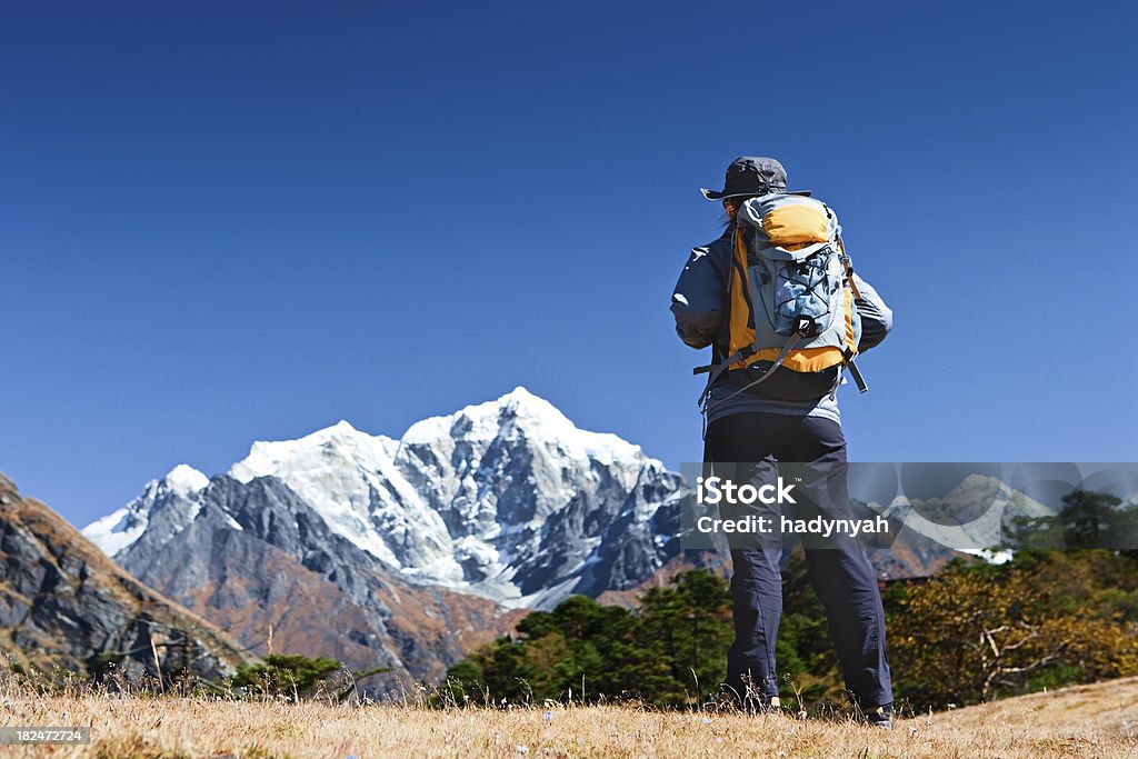 Kobieta turysta jest lookinh przez Himalaje w Mount Everest Natio - Zbiór zdjęć royalty-free (Azja)