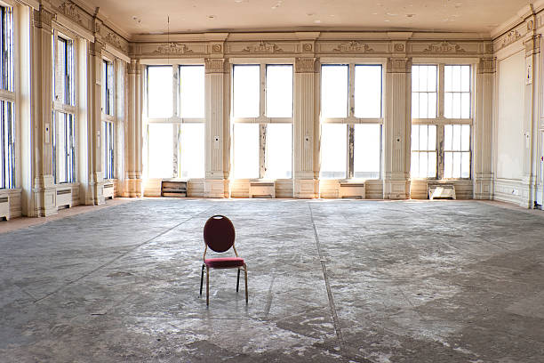 Empty old ballroom Vacant hotel or apartment ready for renovation ballroom stock pictures, royalty-free photos & images