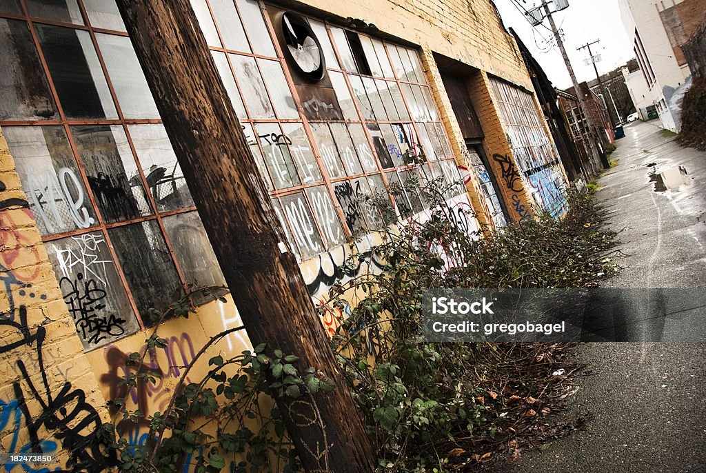 Mirando hacia abajo un callejón con graffiti - Foto de stock de Almacén libre de derechos