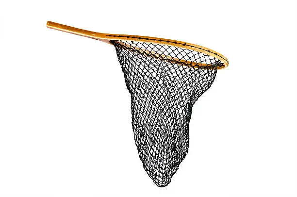 A soft trout (fly fishing) net that is isolated on a white background.