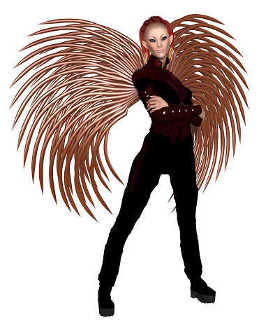 Science fiction fantasy illustration of a sci-fi fairy with metallic wings, side view, 3d digitally rendered illustration