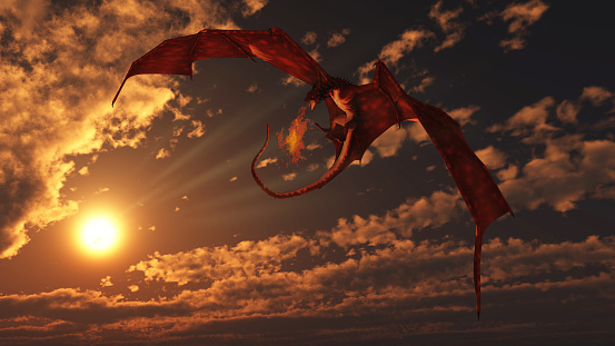 Fantasy illustration of a red fire breathing dragon attacking from a bright sunset sky, 3d digitally rendered illustration