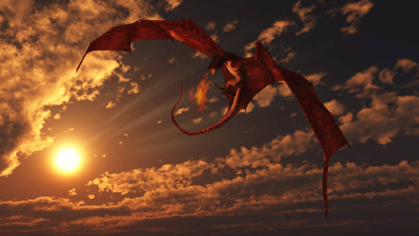 Dragão Vermelho Atacando de um Céu Brilhante do Pôr do Sol - foto de acervo