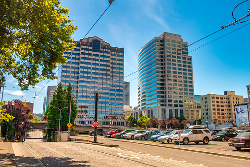 City streets and buildings on a sunny summer day