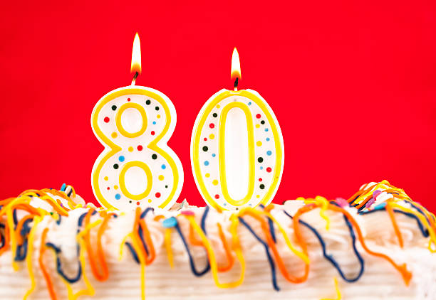 istock Decorated birthday cake with number 80 burning candles. Red background. 182474281