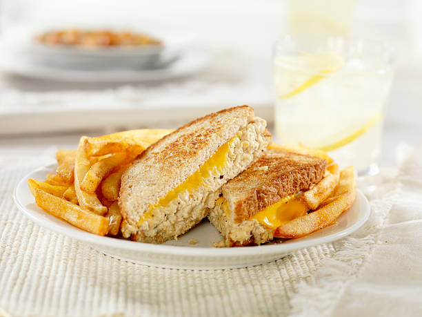 Grilled Tuna and Cheese Sandwich Grilled Tuna and Cheese Sandwich with French Fries-Photographed on Hasselblad H3D2-39mb Camera melting tuna cheese toast stock pictures, royalty-free photos & images