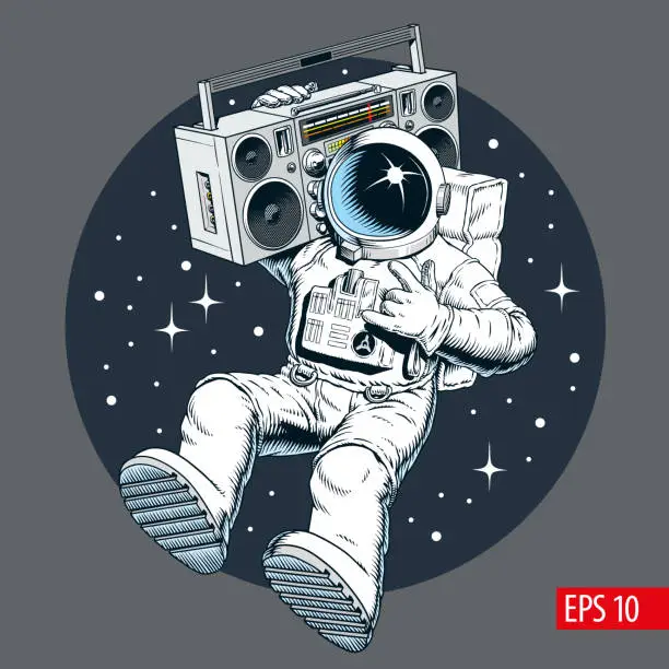 Vector illustration of Astronaut holding ghetto blaster cassette player or boombox in the outer space and listing music. Space DJ beat party vintage style vector illustration