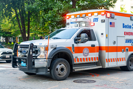 Ambulance on Cambridge Street in Boston, Massachusetts, USA.