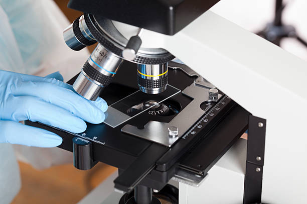 istock Close-up of a microscope and a microscopic slide in a lab 182477168