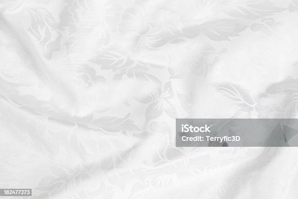 White Satiny Floral Fabric Background Stock Photo - Download Image Now - Arts Culture and Entertainment, Backgrounds, Brocade