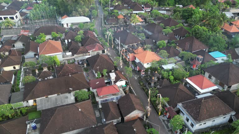 Balinese roads lined with houses and festive decoration, aerial.