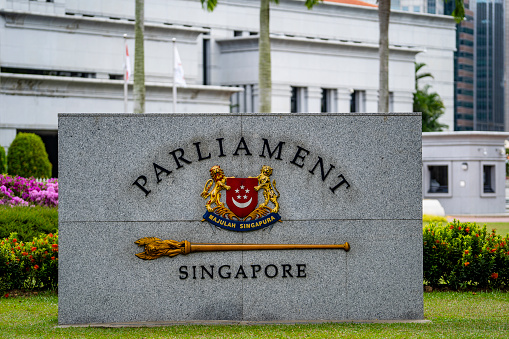 Singapore city, Singapore - february 28, 2020 : Stone with the sign of the Singapore Parliament House