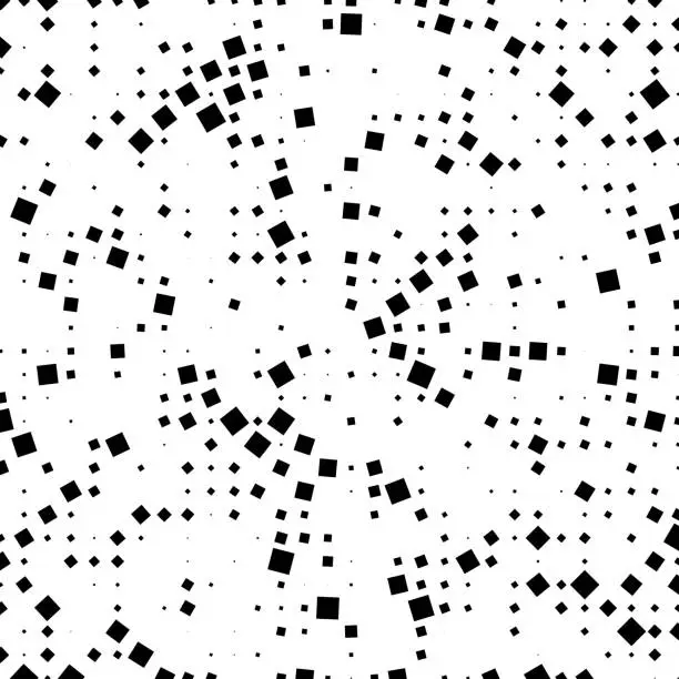 Vector illustration of Abstract swirling pattern of black squares on white background.