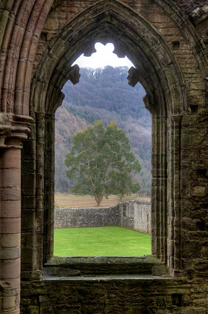Abbey ruin window view of countryside