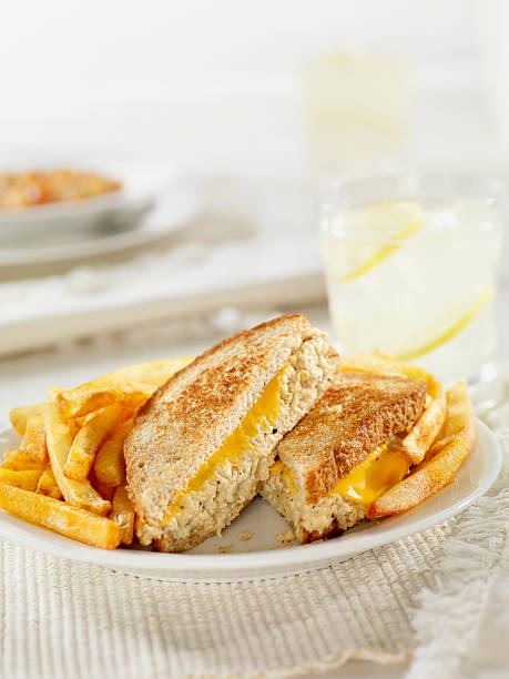 Grilled Tuna and Cheese Sandwich Grilled Tuna and Cheese Sandwich with French Fries-Photographed on Hasselblad H3D2-39mb Camera melting tuna cheese toast stock pictures, royalty-free photos & images