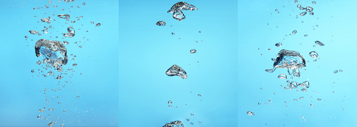 Collage with air bubbles in water on light blue background