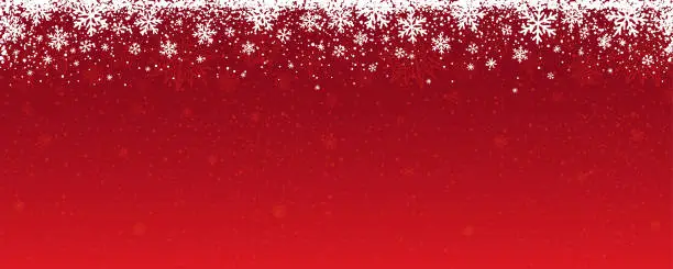 Vector illustration of Red Christmas banner with snowflakes and stars. Merry Christmas and Happy New Year greeting banner. Horizontal new year background, headers, posters, cards, website. Vector illustration