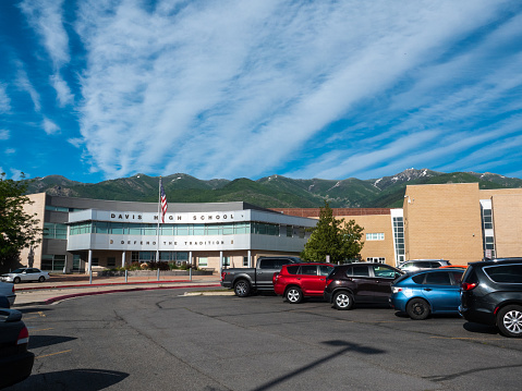 Kaysville, Utah, USA- June 26, 2023: Davis High School, Kaysville, Utah seen from the parking lot.