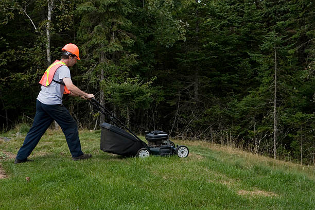 istock Man Mows Grass Wearing Safety Equipment 182479358