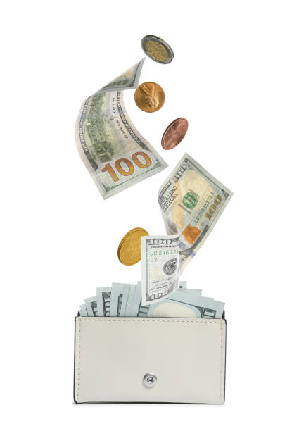istock Dollar banknotes and coins falling into purse on white background 1824800460