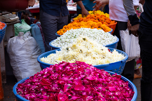 This image vividly captures the bustling atmosphere of a flower market in Mumbai, a city known for its vibrant and dynamic street scenes. The market is a riot of color and fragrance, with vendors displaying an array of flowers ranging from marigolds and roses to exotic orchids. The stalls are piled high with fresh blooms, creating a kaleidoscopic effect that is both visually stunning and aromatic. The photograph aims to convey the energy and spirit of Mumbai's flower markets, showcasing the importance of these blooms in daily life, whether for religious ceremonies, weddings, or simple home decorations. It offers viewers a glimpse into the rich tapestry of urban life in Mumbai, where the beauty of nature meets the hustle of the city.