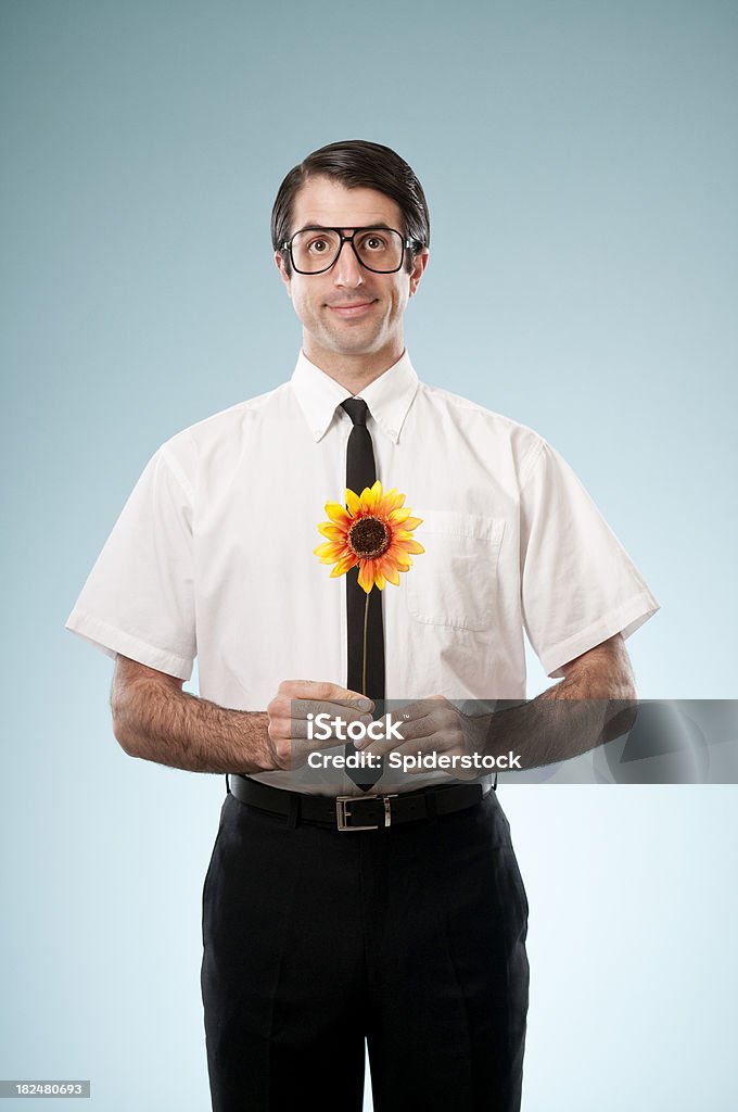 Schüchtern naiv Büroangestellter mit Sonnenblume - Lizenzfrei Brille Stock-Foto