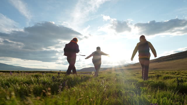 Three hiker women with backpacks walk along field at scenic mountain landscape