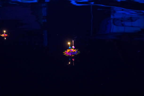 Purple blue Loy Krathong flower on canal in Bangkok Ladprao