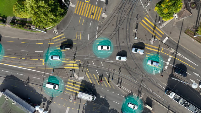 Self Driving Electric Cars on Big City Intersection