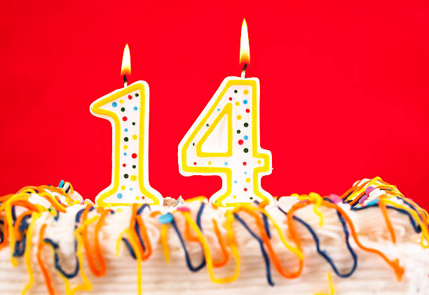 istock Decorated birthday cake with number 14 burning candles. Red background. 182482513