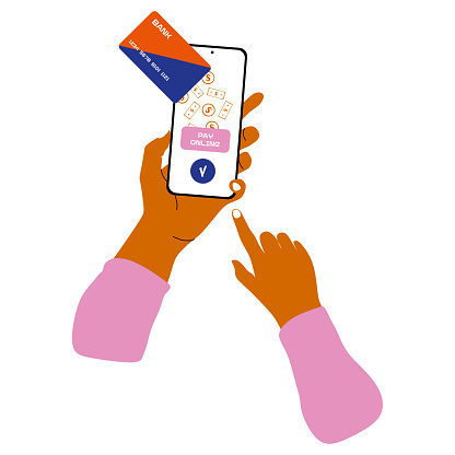 Pay by credit card via electronic wallet wirelessly on phone. Hand with Smartphone online banking app and e-payment vector illustration. Shopping by phone and connected card. Flat or cartoon object.