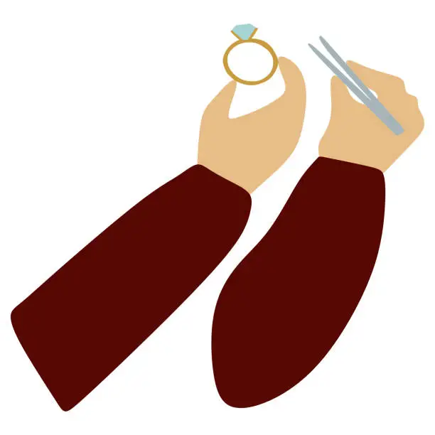 Vector illustration of Flat jeweler hands Holding Tweezers and Big Brilliant ring. Cartoon Brilliant icon. Jeweler profession. Jeweler day card. Vector illustration isolated on white. Jewelry making concept.