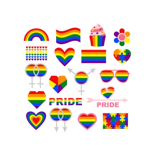 Vector illustration of Love, LGBT, gay, pride, rainbow flag, heart symbols, signs, gender icons, set of vector graphic design elements