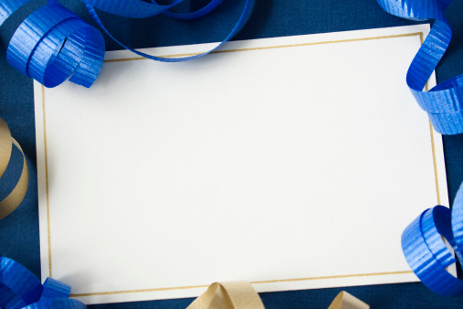 Blank card with blue and gold ribbons.You may also like: