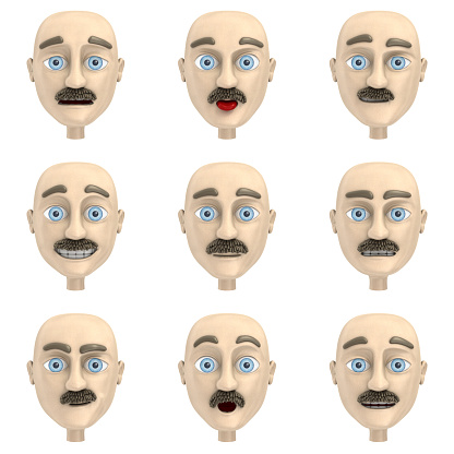 nine different faces of cartoon bold man character.