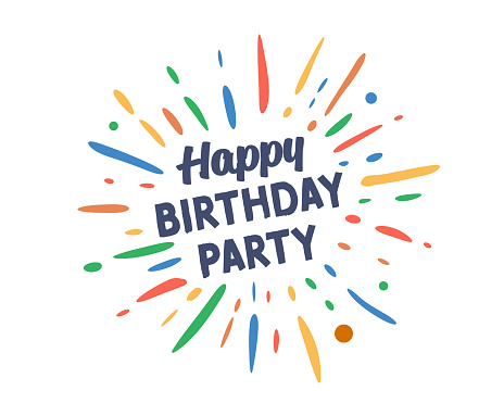 Hand-lettered Happy Birthday Party text with sketchy firework burst for social media, web page, poster, banner, and greeting card. A typographic design concept for birthday party invitations and decorations. Vector hand-drawn cartoon illustration on a white background.