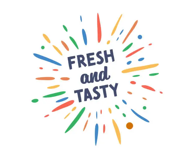 Vector illustration of Fresh and Tasty text with vector firework burst