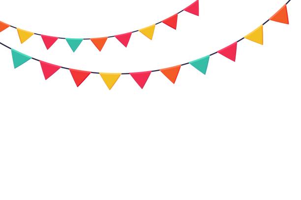 istock Garland of colored flags horizontal banner. Festive vector background in flat cartoon style on a white background 1824845176