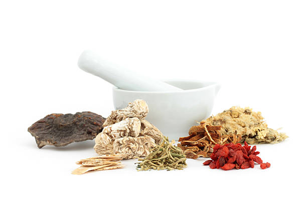 Chinese medical herbs and mortar "Some chinese medical herbs and a mortar on white ground.From left to right: Fu Ling, Huang Qi, Dang Gui, Jin Yin Hua, Chen Pi, Gou Qi Zi, Ju Hua." chinese herbal medicine stock pictures, royalty-free photos & images