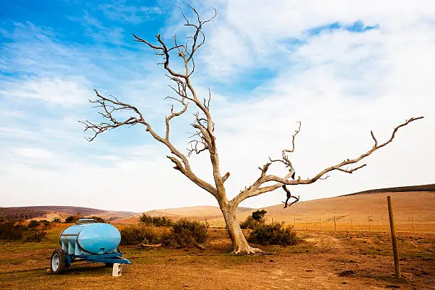 Photo of Dry landscape with water tanker trailer