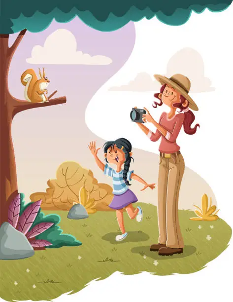 Vector illustration of Cartoon woman and girl watching a squirrel