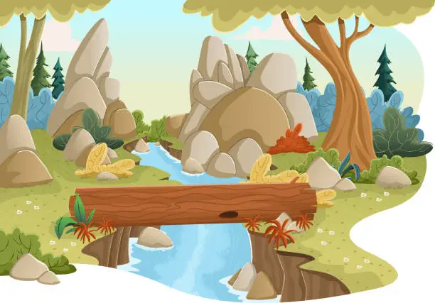 Vector illustration of Cartoon wodden cabin in the woods.