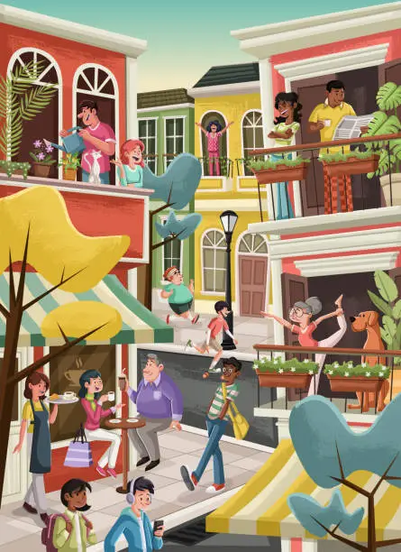 Vector illustration of Group of cartoon people in a city.