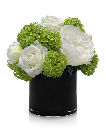 A white rose and camellia bouquet with accents of green hydrangea in a cylindrical black glass vase. This image has an embedded path which may be used to delete the reflection if desired. Photographed on a bright white background. Extremely high quality faux flowers.