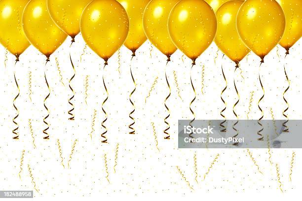 Foto de Golden Celebração De Aniversário e mais fotos de stock de Dourado - Descrição de Cor - Dourado - Descrição de Cor, Balão - Decoração, Confete