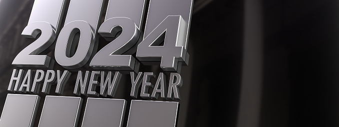 3D rendering of Happy New Year 2024 in silver metal