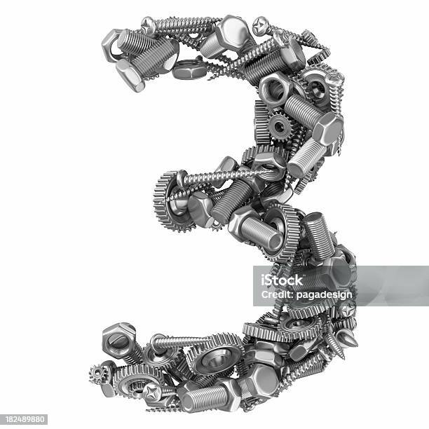 Metal Screw And Gear Number 3 Stock Photo - Download Image Now - Bolt - Fastener, Cut Out, Digitally Generated Image