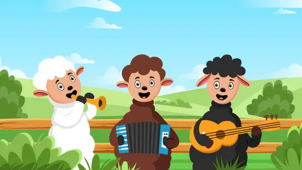 Vector illustration of Three sheep playing musical instruments. Vector Illustration